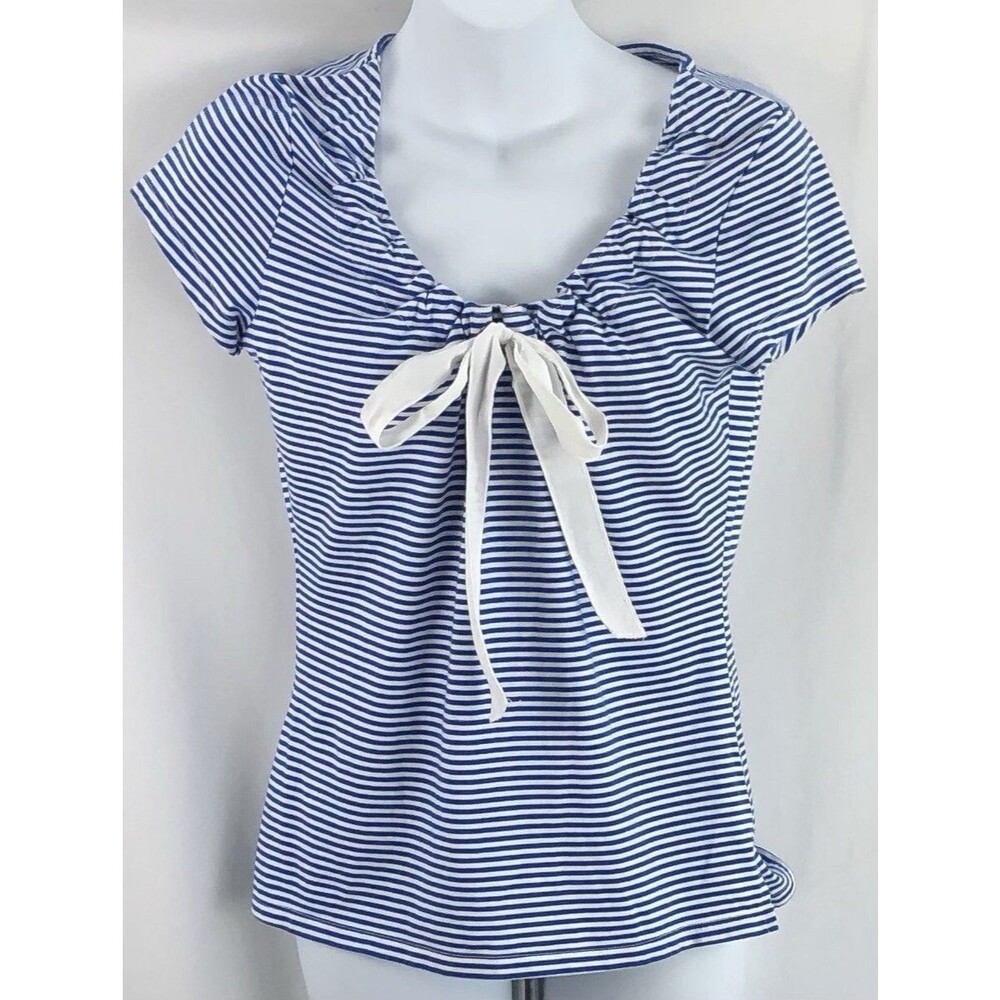 Stephanie rogers gathered tie scoopneck Top s blue/white stripe cap short sleeve